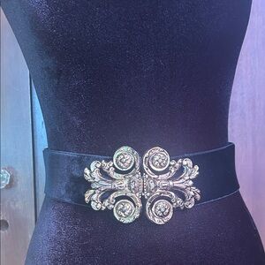 Stretch Black Velvet Belt with Ornate Gold Buckle M/L